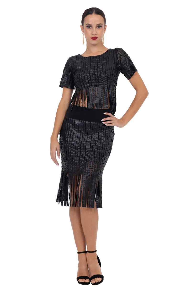 Fringed Faux Leather Striped Bodycon Skirt