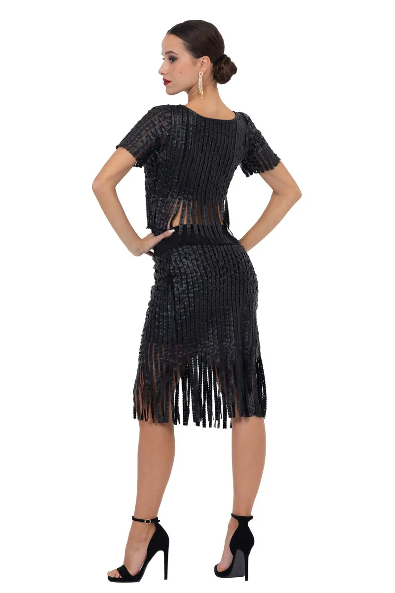 Fringed Faux Leather Striped Bodycon Skirt