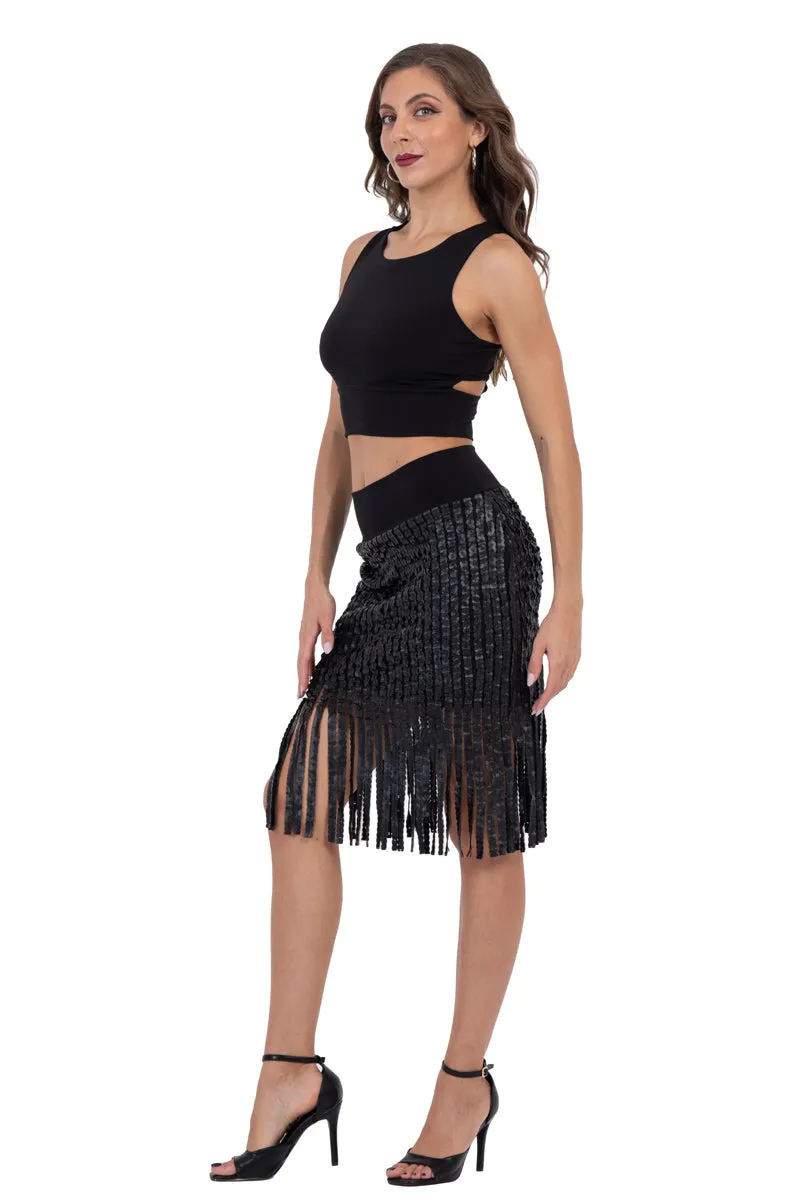 Fringed Faux Leather Striped Bodycon Skirt