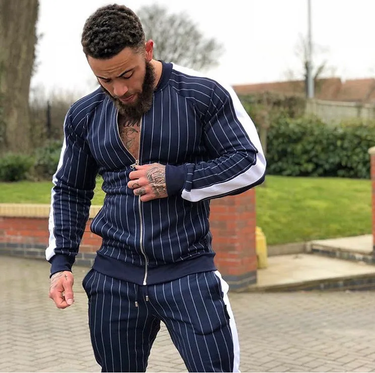 Men Stripe Sports Fitness Clothing Suits Spring Autumn Gym Tracksuit