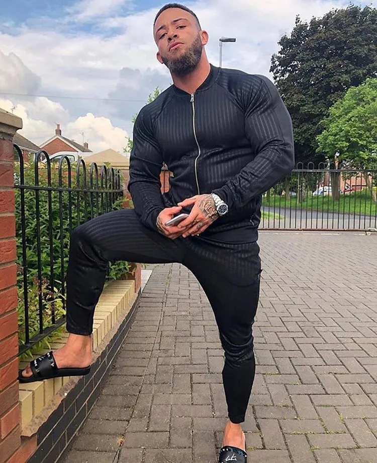 Men Stripe Sports Fitness Clothing Suits Spring Autumn Gym Tracksuit