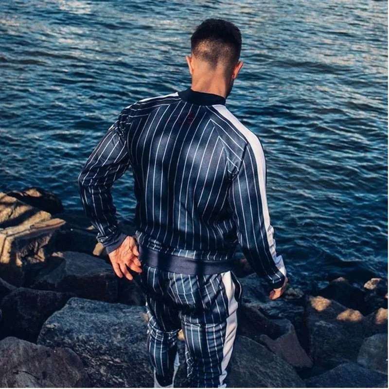 Men Stripe Sports Fitness Clothing Suits Spring Autumn Gym Tracksuit