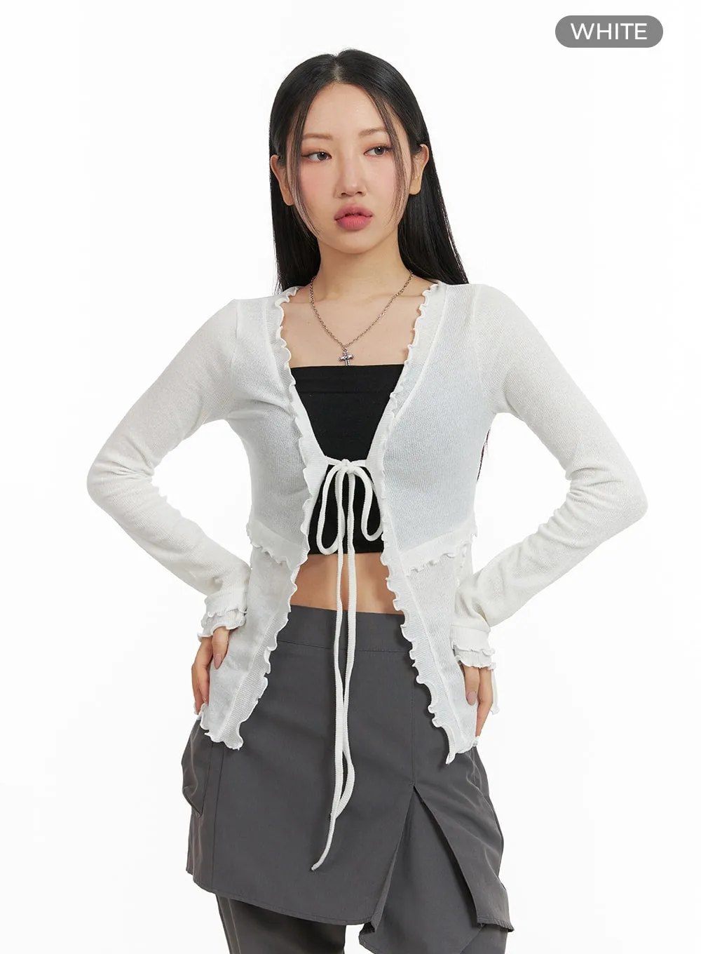 Solid Frill Open Front Knotted Cardigan CM421