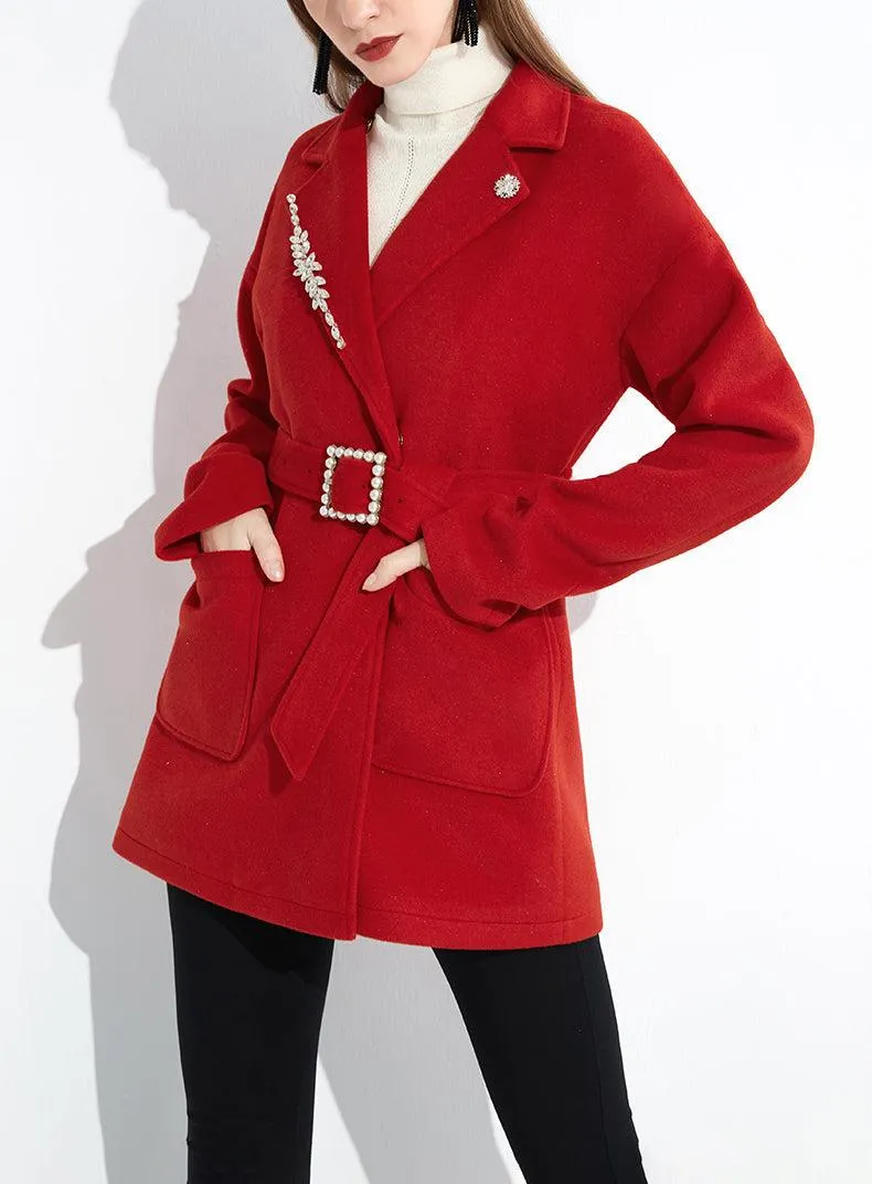 Women Red Wool Coat,Belted Wool Overcoat,Beads Wool Jacket