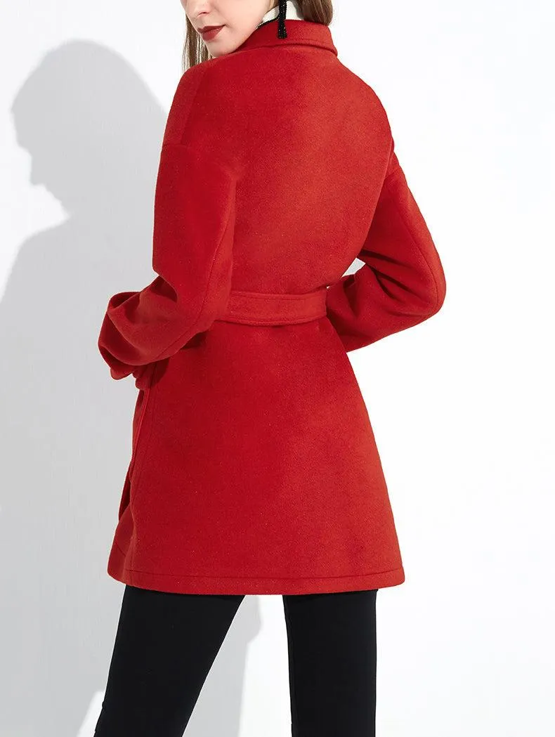 Women Red Wool Coat,Belted Wool Overcoat,Beads Wool Jacket