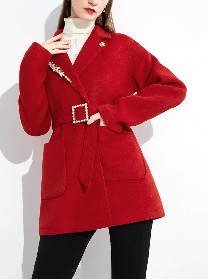 Women Red Wool Coat,Belted Wool Overcoat,Beads Wool Jacket