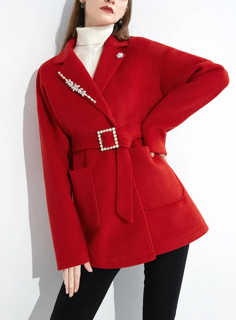 Women Red Wool Coat,Belted Wool Overcoat,Beads Wool Jacket