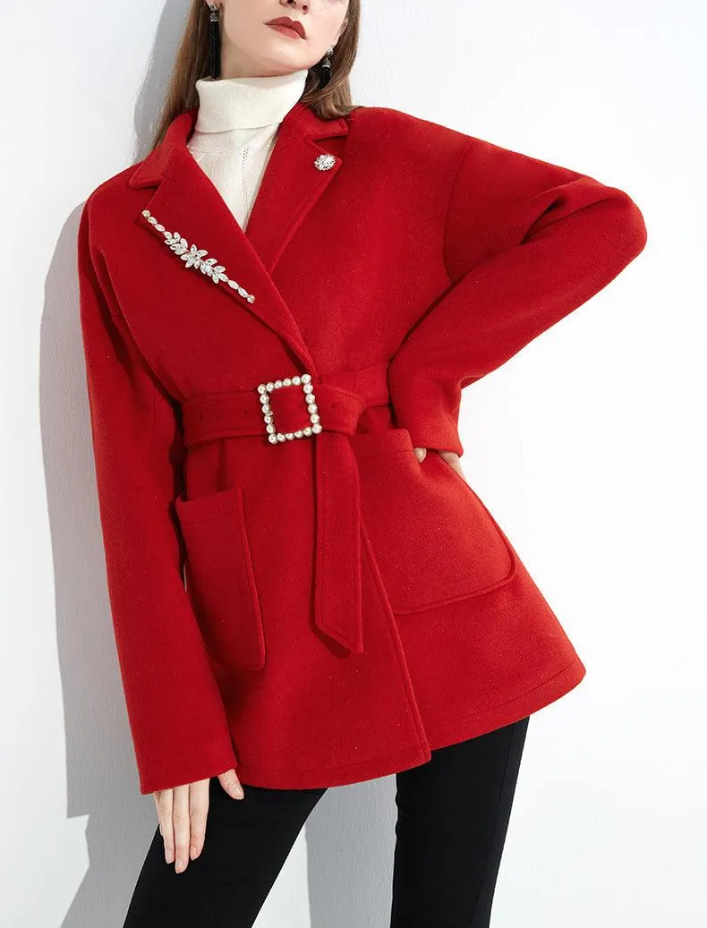 Women Red Wool Coat,Belted Wool Overcoat,Beads Wool Jacket