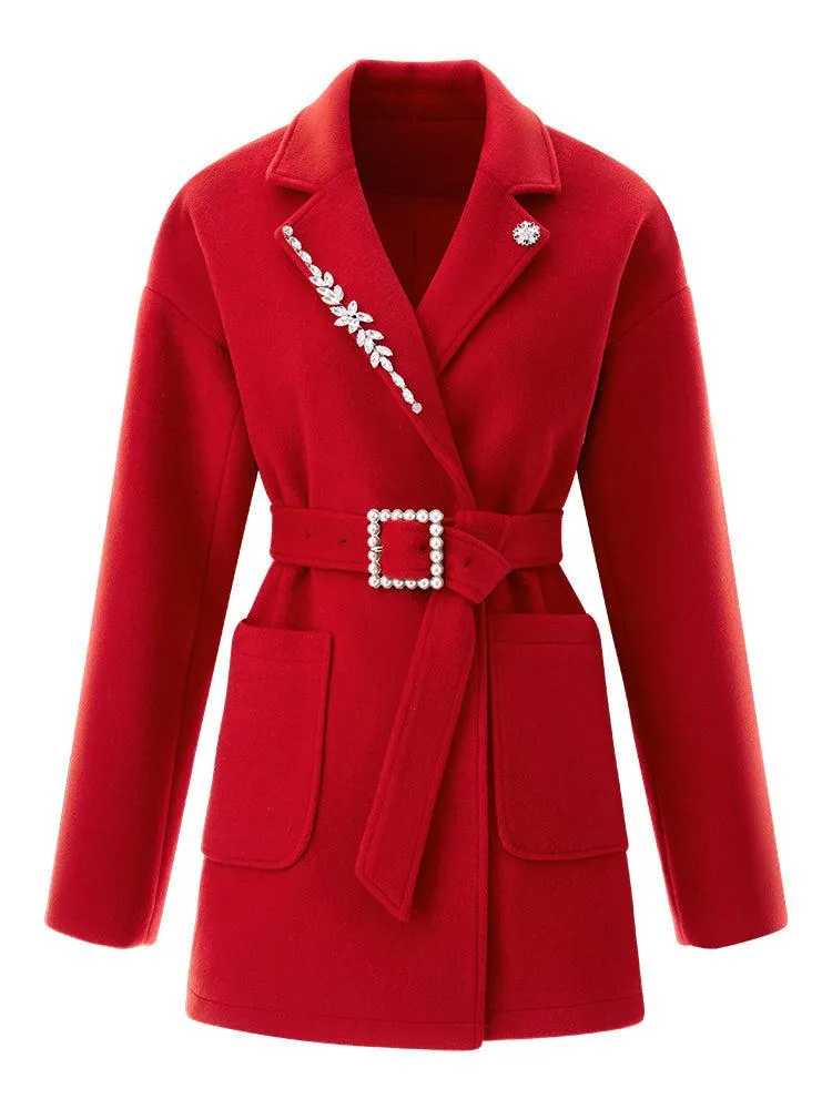 Women Red Wool Coat,Belted Wool Overcoat,Beads Wool Jacket