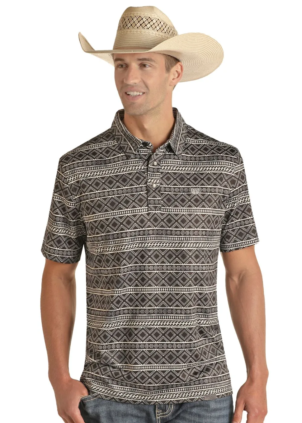 'Panhandle' Men's Performance Aztec Snap Knit Polo - Black