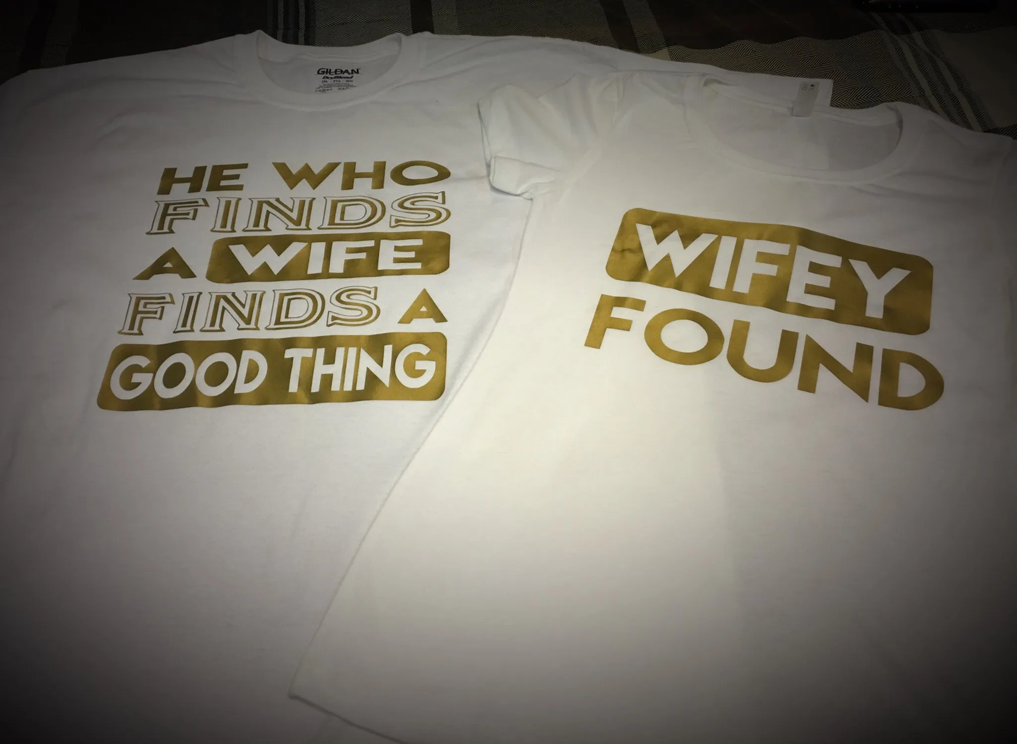 Family - He Who Finds A Wife/Wifey Found T-Shirt - White/Gold Graphics Edition