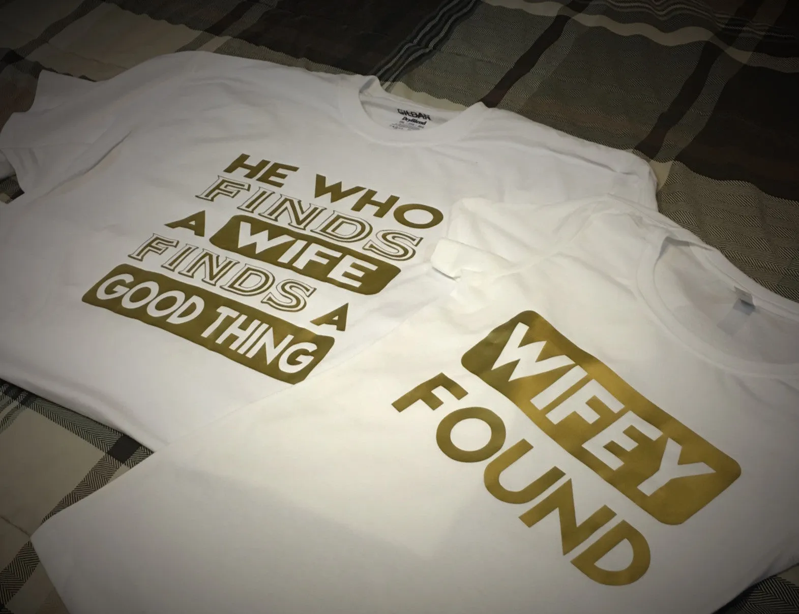 Family - He Who Finds A Wife/Wifey Found T-Shirt - White/Gold Graphics Edition