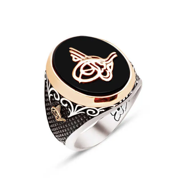 Ottoman Tughra on Black Onyx Stone Ellipse Silver Men’s Ring Siding Bush Pattern and Dimond Pattern and Ottoman Tughra