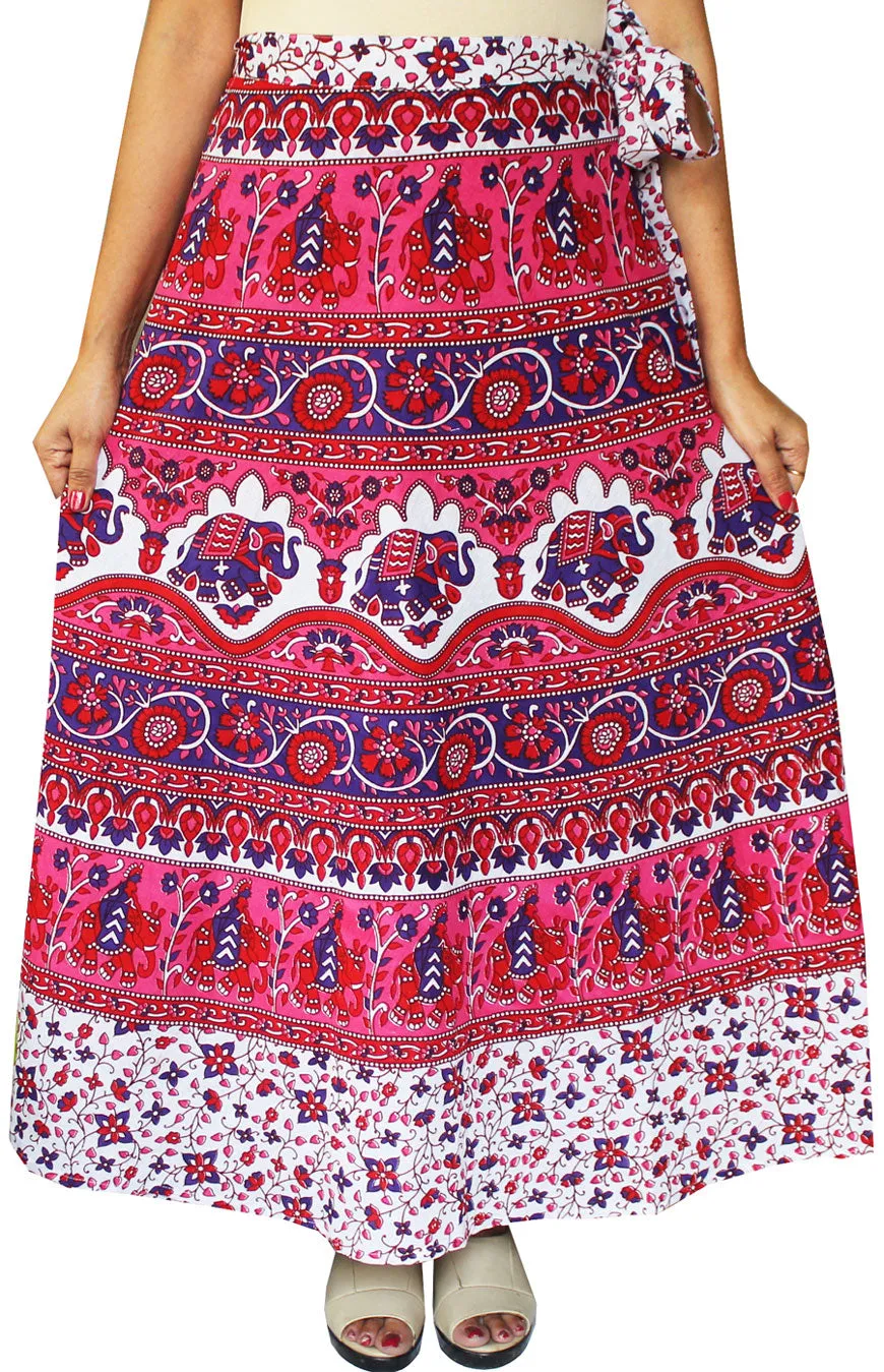 Women's Printed Long Cotton Wrap Around India Skirt (Pink, One Size)