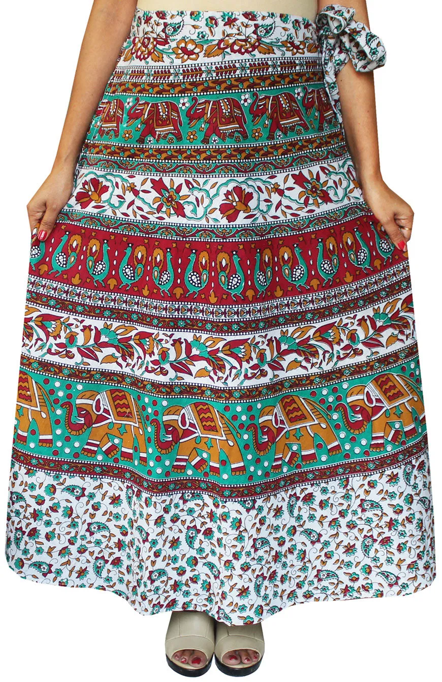 Women's Printed Long Cotton Wrap Around India Skirt (Green, One Size)