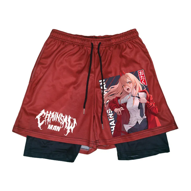 Cute Power Anime Chainsaw Men Sport Shorts - 2-in-1 Workout Running and Training Shorts