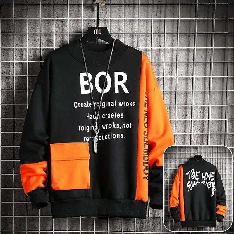 Casual Sweatshirt Men  New Streetwear Hoodies Letter Printing Mens Patchwork Sweatshirts Male O-Neck Top Pullover Tracksuit