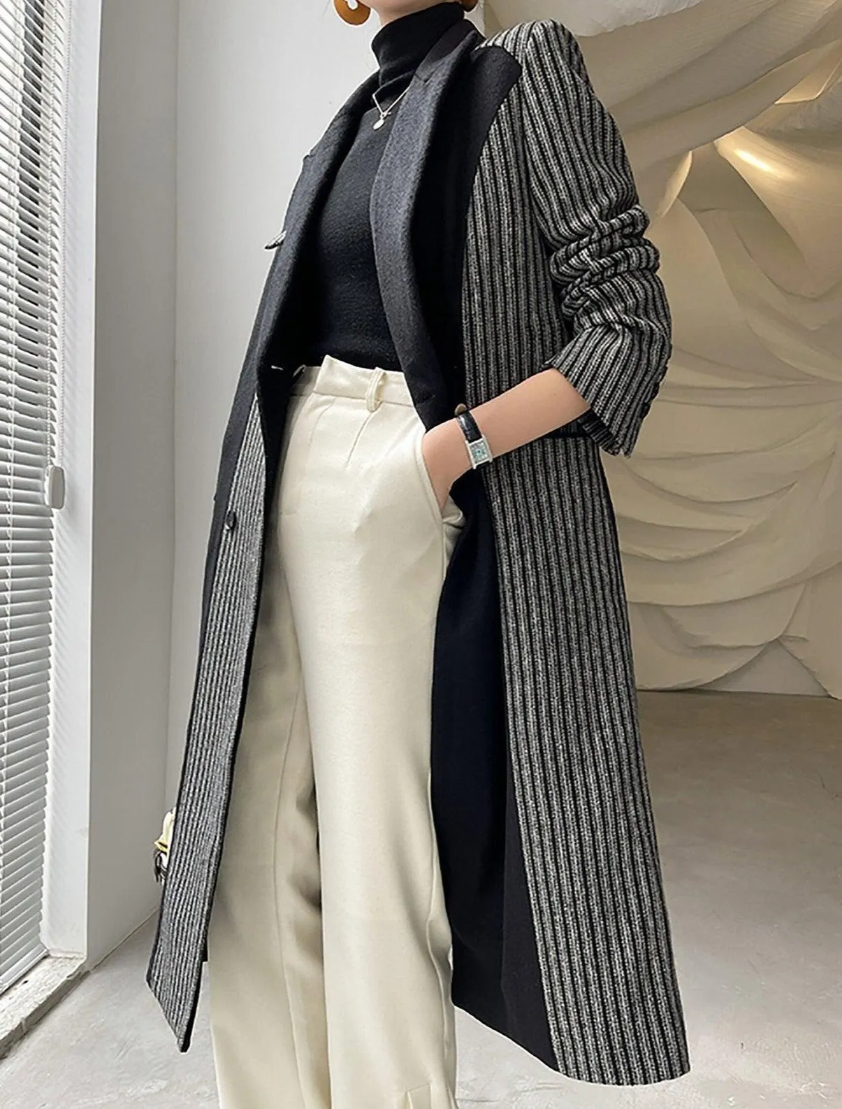 Noelle Colorblock Striped Double Breasted Wool Blend Coat