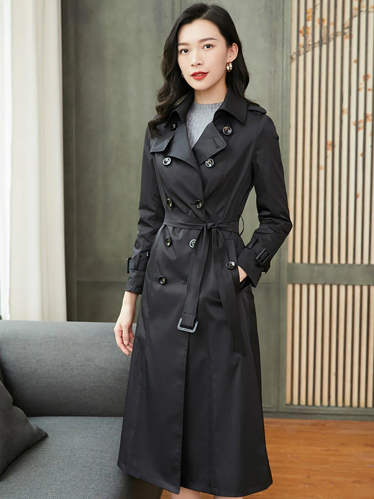 Custom Double Breasted Belted Black Trench Coat