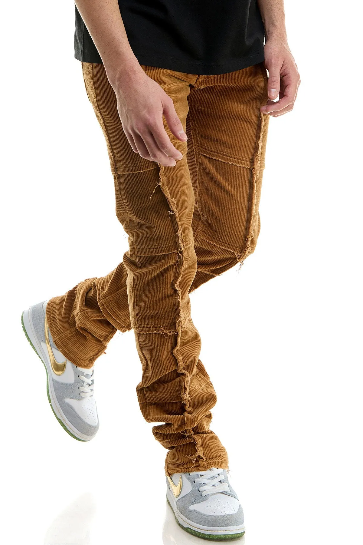 Khaki Corduroy Stacked Pants for Men