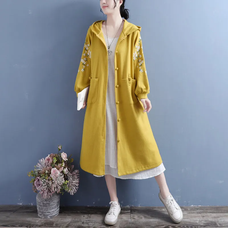 Women Autumn Retro Embroidery Cotton Knitted Overcoat