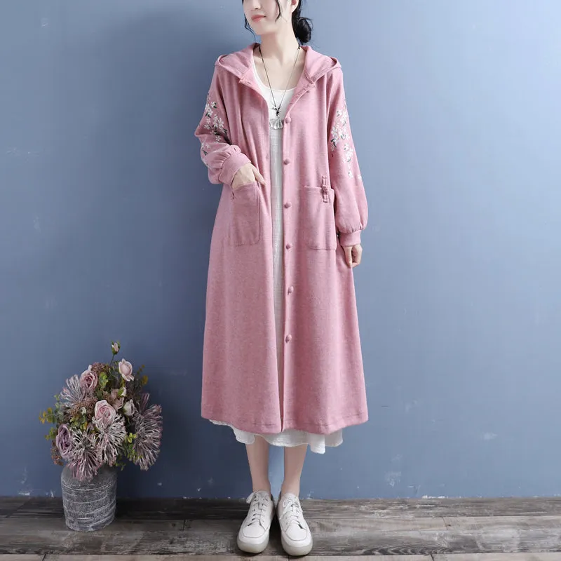 Women Autumn Retro Embroidery Cotton Knitted Overcoat