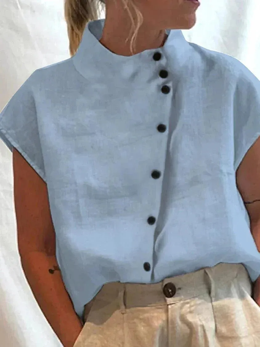 Elegant Light Blue Turtleneck Shirt Blouse for Women with Short Sleeve