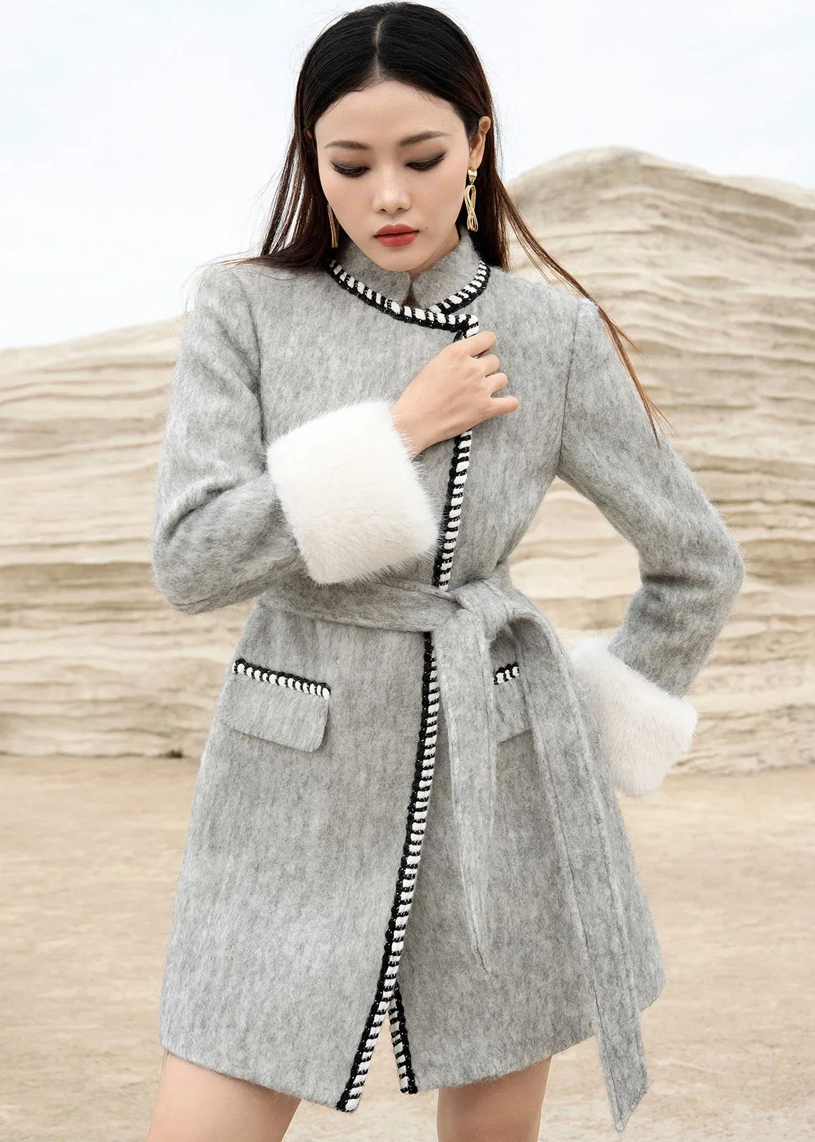 Bonnie Gray Wool Down Coat Cuffs detachable fox fur