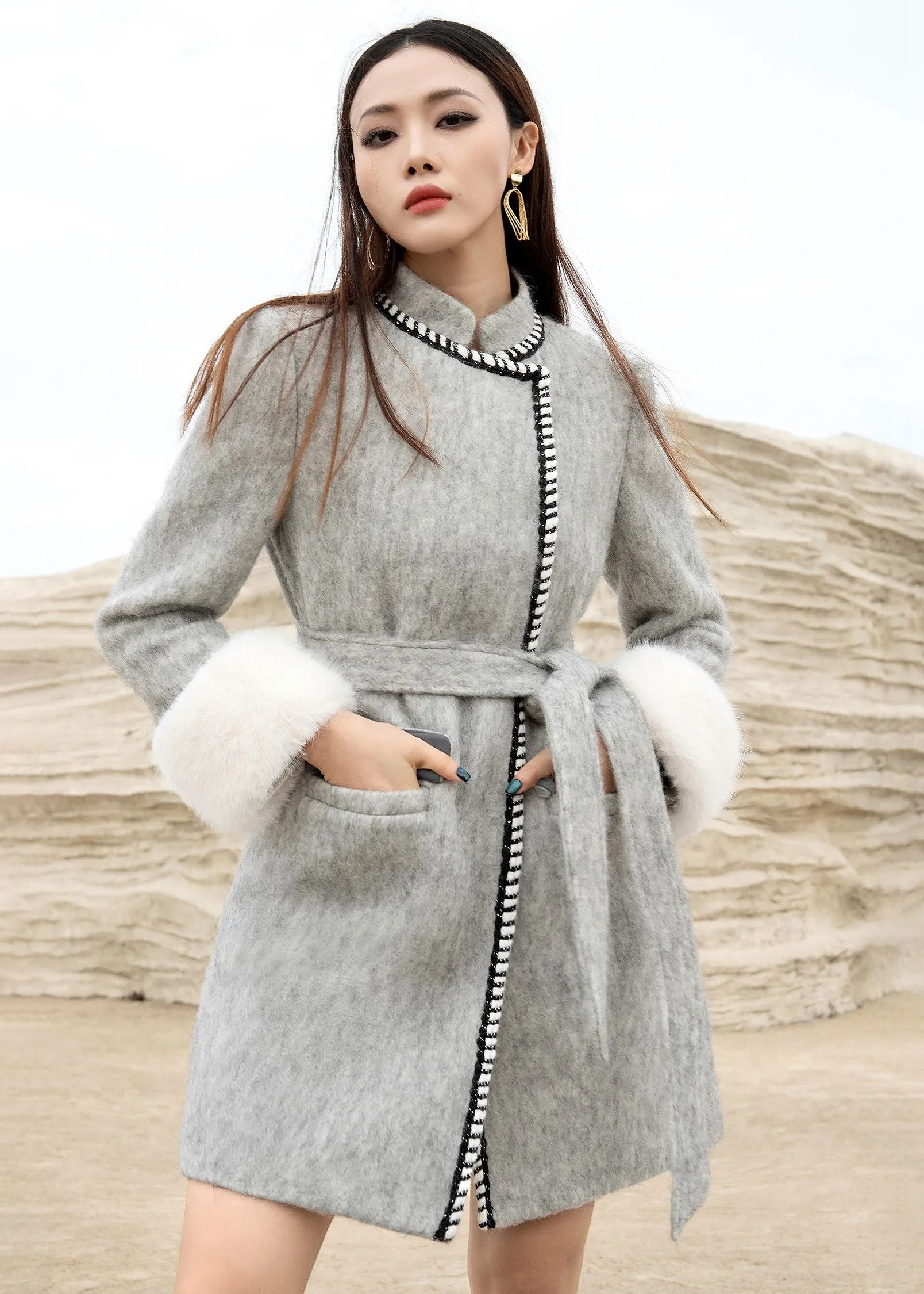 Bonnie Gray Wool Down Coat Cuffs detachable fox fur