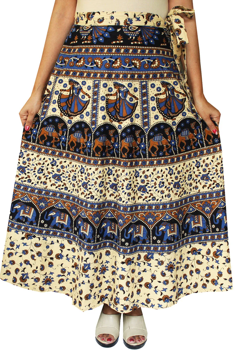 Women's Printed Long Cotton Wrap Around India Skirt (Blue, One Size)