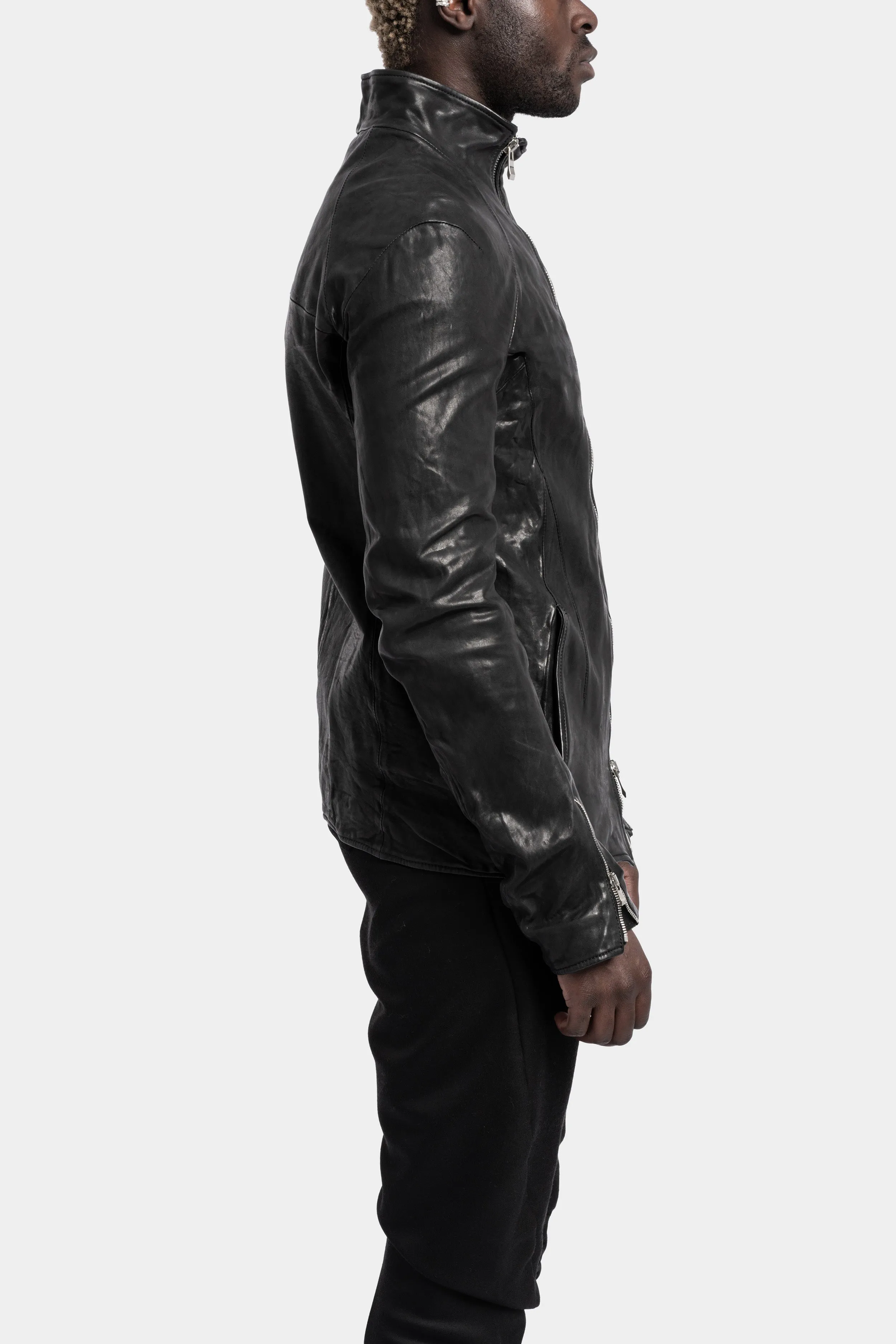 High neck asymmetrical zip calf leather jacket