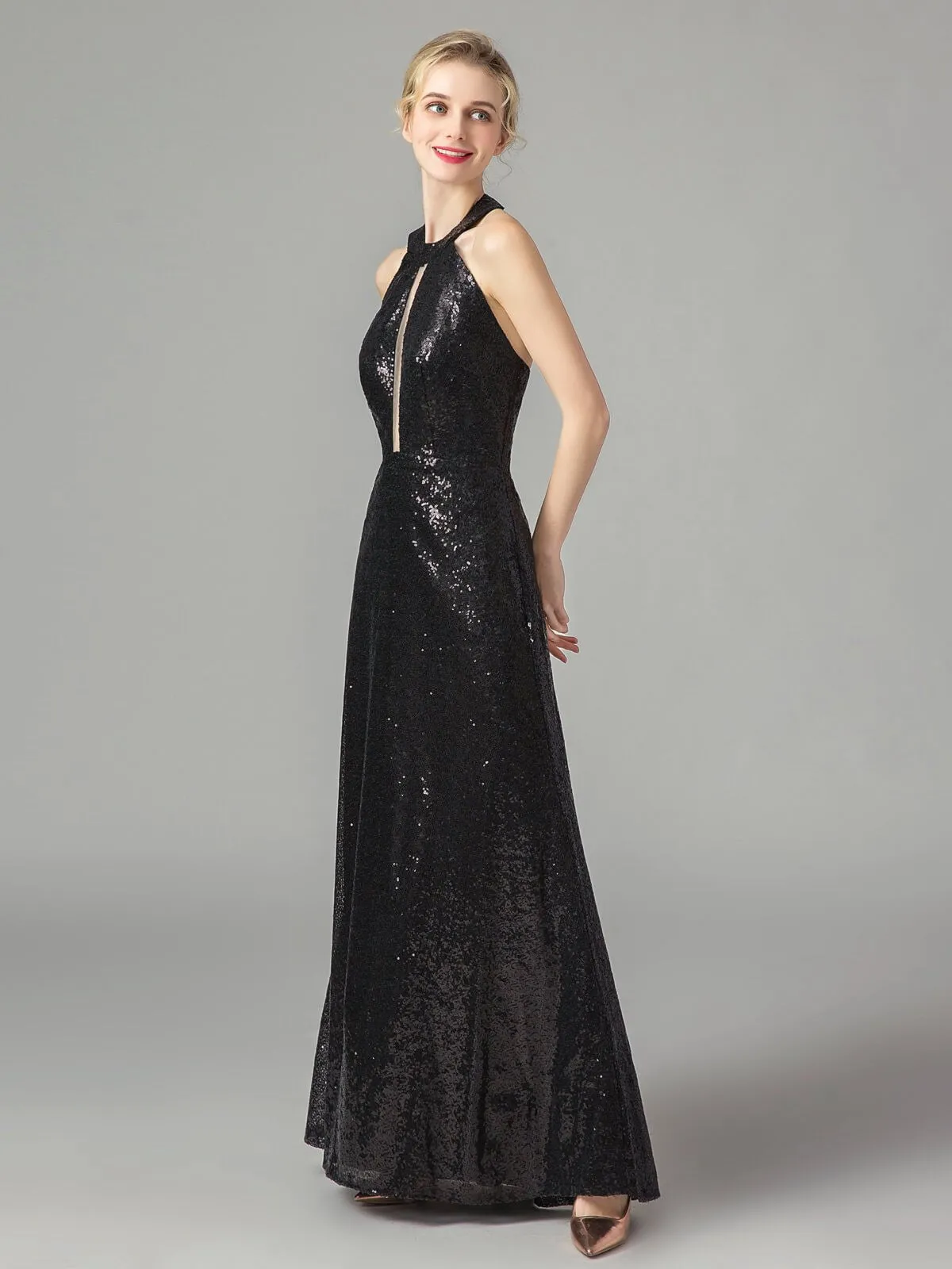 Vintage Sequin Halter Bridesmaid Maxi Dress