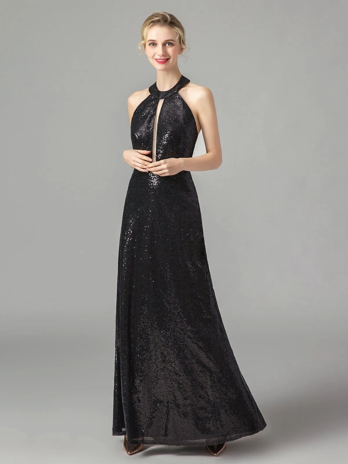 Vintage Sequin Halter Bridesmaid Maxi Dress