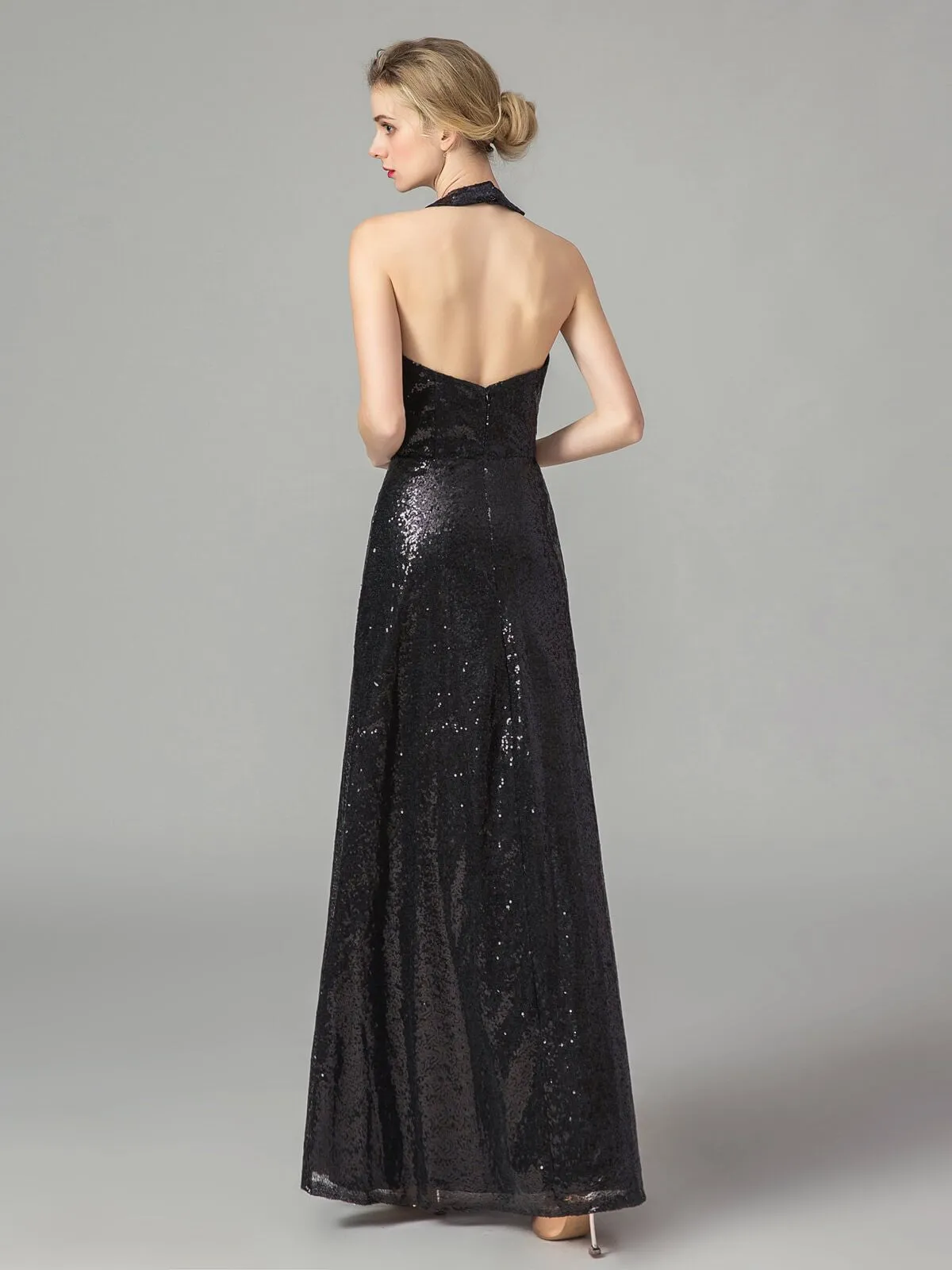 Vintage Sequin Halter Bridesmaid Maxi Dress