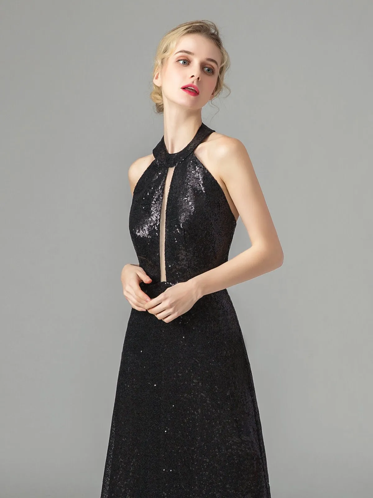 Vintage Sequin Halter Bridesmaid Maxi Dress