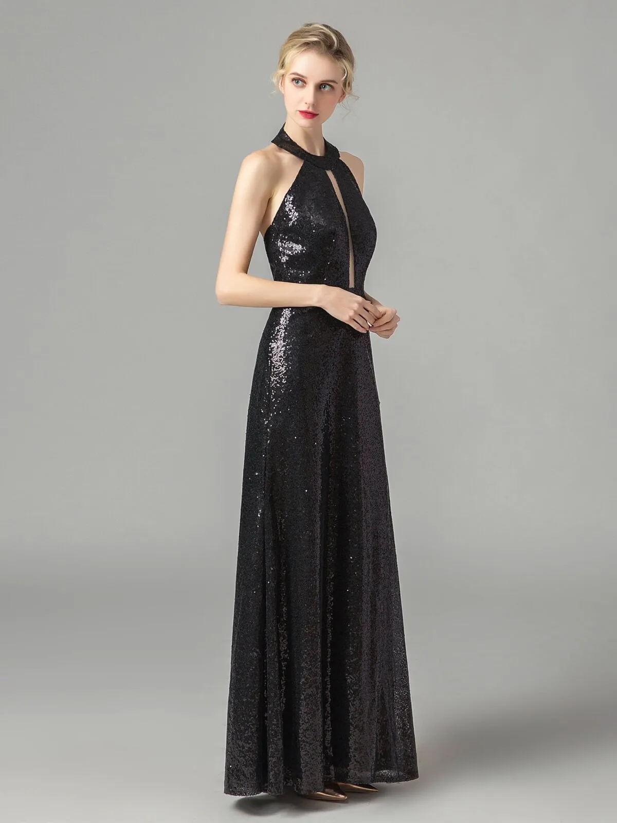 Vintage Sequin Halter Bridesmaid Maxi Dress