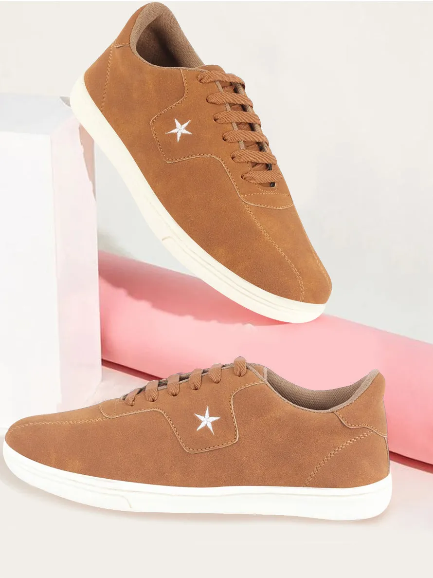 Men Tan Classic Embroidery Star Upper Soft Suede Leather Lace Up Sneakers Shoes