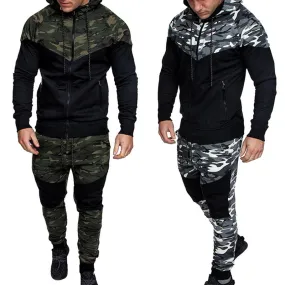 Men Running Set Camo Print Patchwork Sport Jacket Jogging Tracksuit