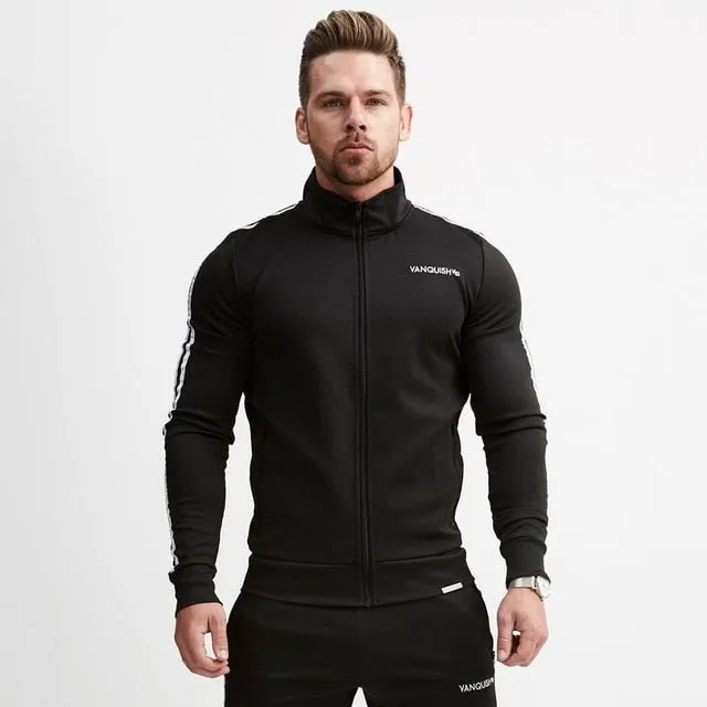 Brand Running Jacket Men Sports Fitness Long Sleeves Hooded Sweatshirts Striped Zipper Hoodies Men Gym Training Run Coat Jackets