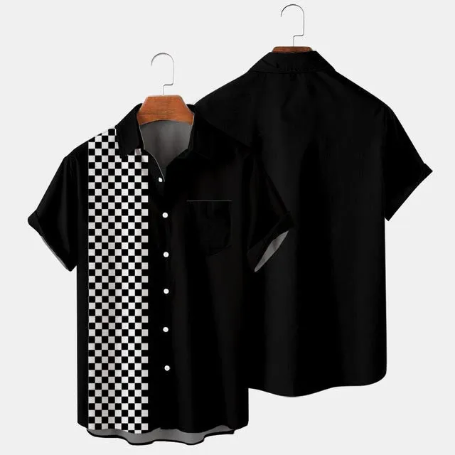 Short Sleeve Lapel Shirt Large Size Stitching grid 3D Printed Shirt with Pockets