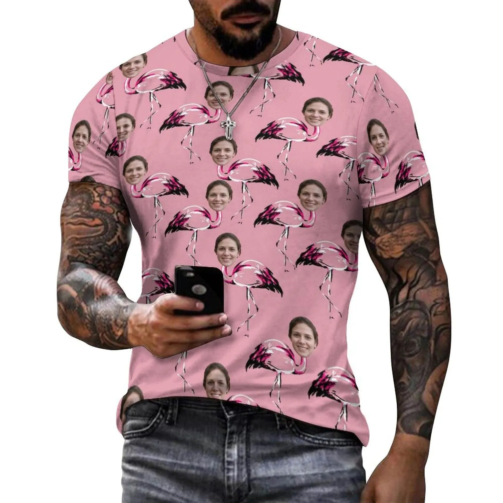 Slim Fit Cotton T-Shirt-Custom Face Flamingo Pink Pure Cotton Slim Fit T-Shirt Personalized Men's All Over Print Short Sleeve T-Shirt