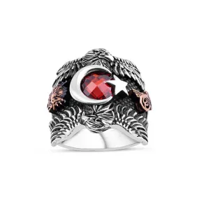 Moon and Star Around Red Facet Cut Zircon Stone with Eagle at Top and Bottom Silver Men's Ring Siding Tughra and Coat of Arms