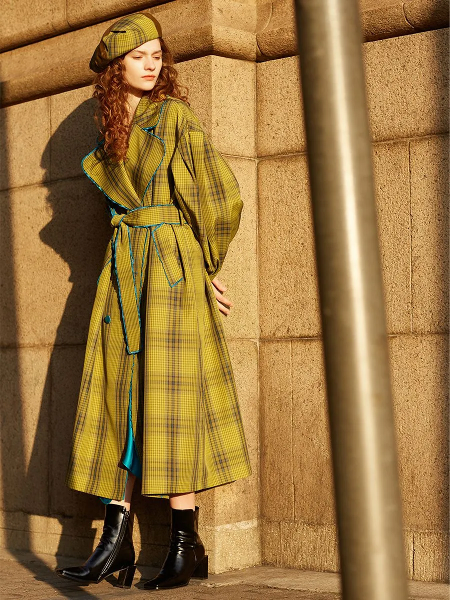 Loose Yellow Plaid Puff Sleeve Belted Midi Trench Coat