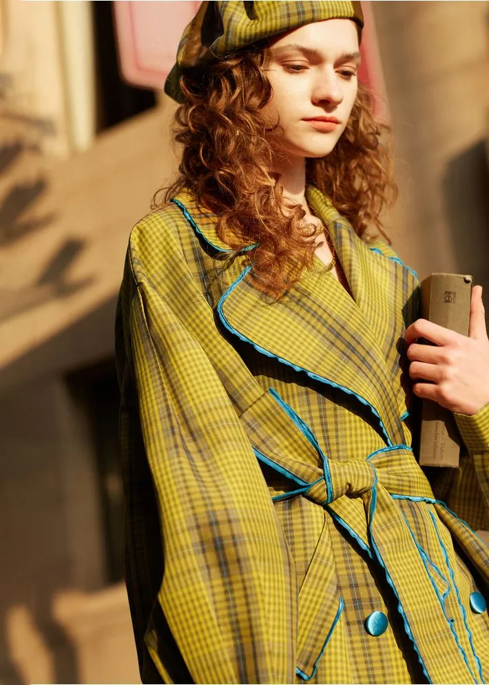 Loose Yellow Plaid Puff Sleeve Belted Midi Trench Coat