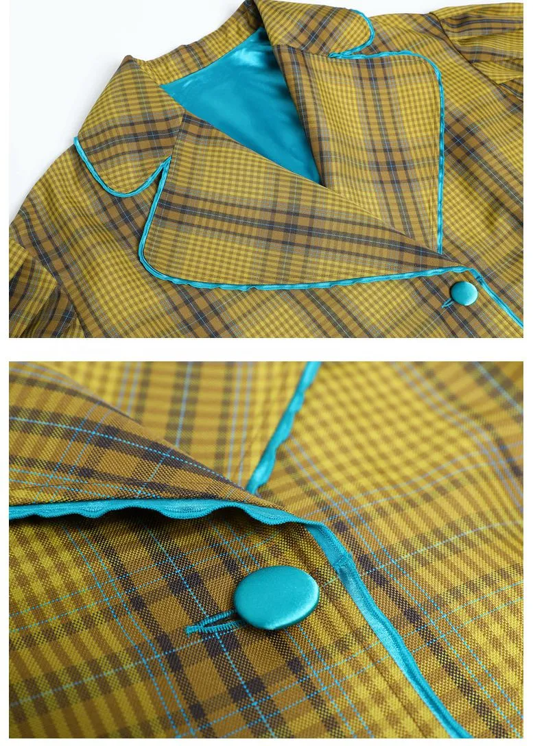 Loose Yellow Plaid Puff Sleeve Belted Midi Trench Coat