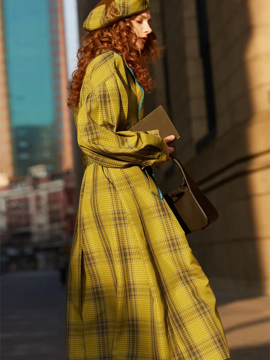 Loose Yellow Plaid Puff Sleeve Belted Midi Trench Coat