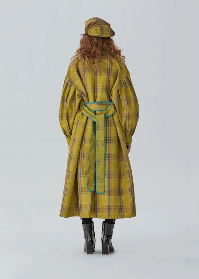 Loose Yellow Plaid Puff Sleeve Belted Midi Trench Coat