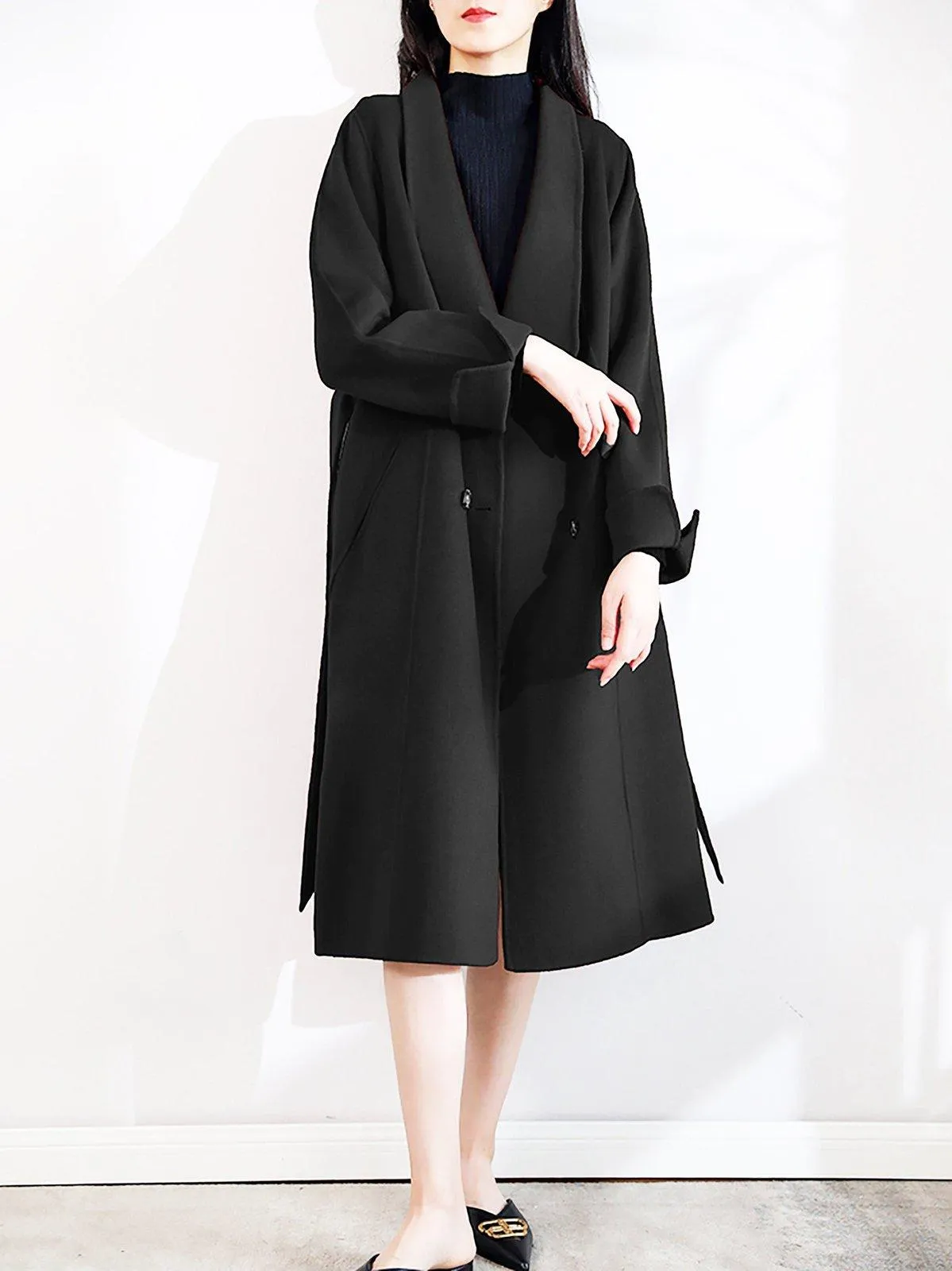 Demi Roll-Up Sleeve Belted Long Wool coat