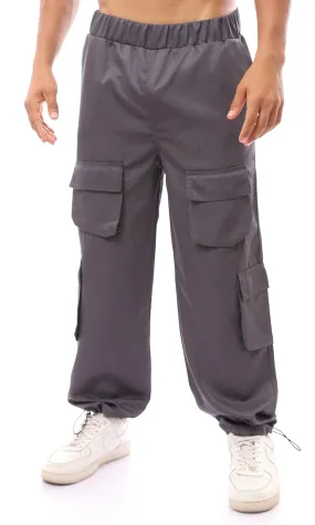 O170580 Elastic Waist Wide Leg Dark Grey Cargo Pants