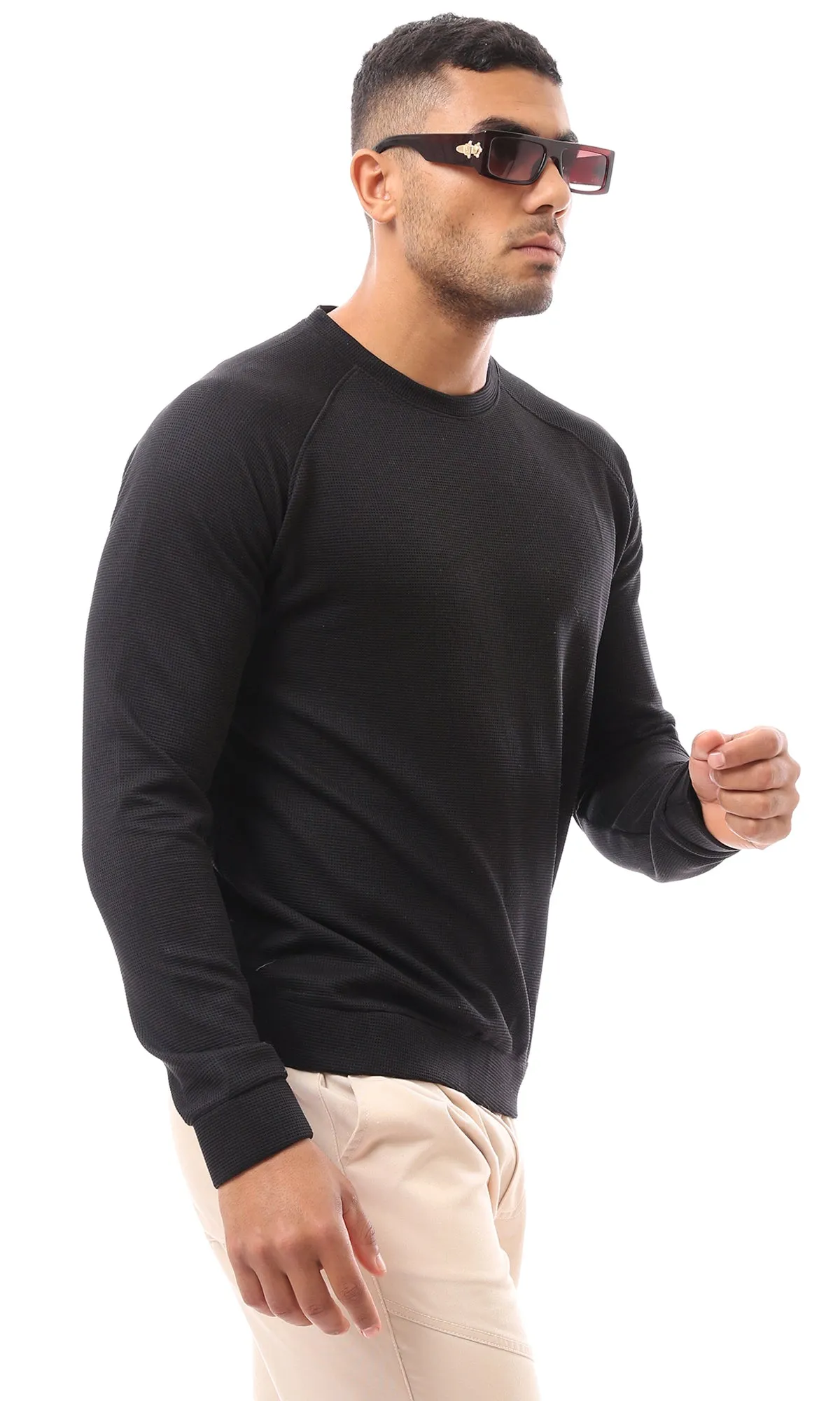 O173869 Black Crew Neck Sweatshirt With Wide Hem